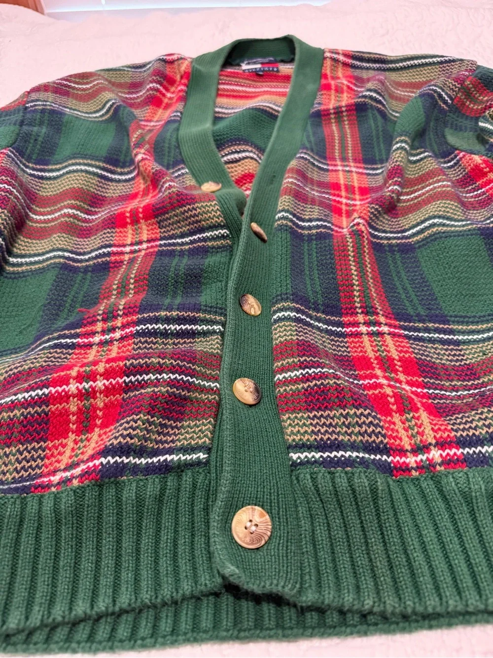 Tommy Hilfiger Green Red Plaid Cotton Cardigan